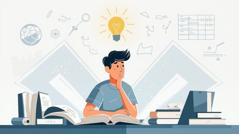 Seorang siswa duduk di depan meja dengan buku-buku dan laptop, tampak serius, dikelilingi oleh ikon-ikon akademis dan bola lampu yang bersinar di atas kepalanya.