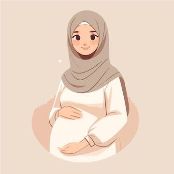 Ilustrasi seorang wanita hamil yang mengenakan jilbab dan gaun lengan panjang, dengan lembut memegang perutnya dengan kedua tangan, dengan latar belakang netral-sempurna untuk artikel tentang Cara Cepat Hamil.